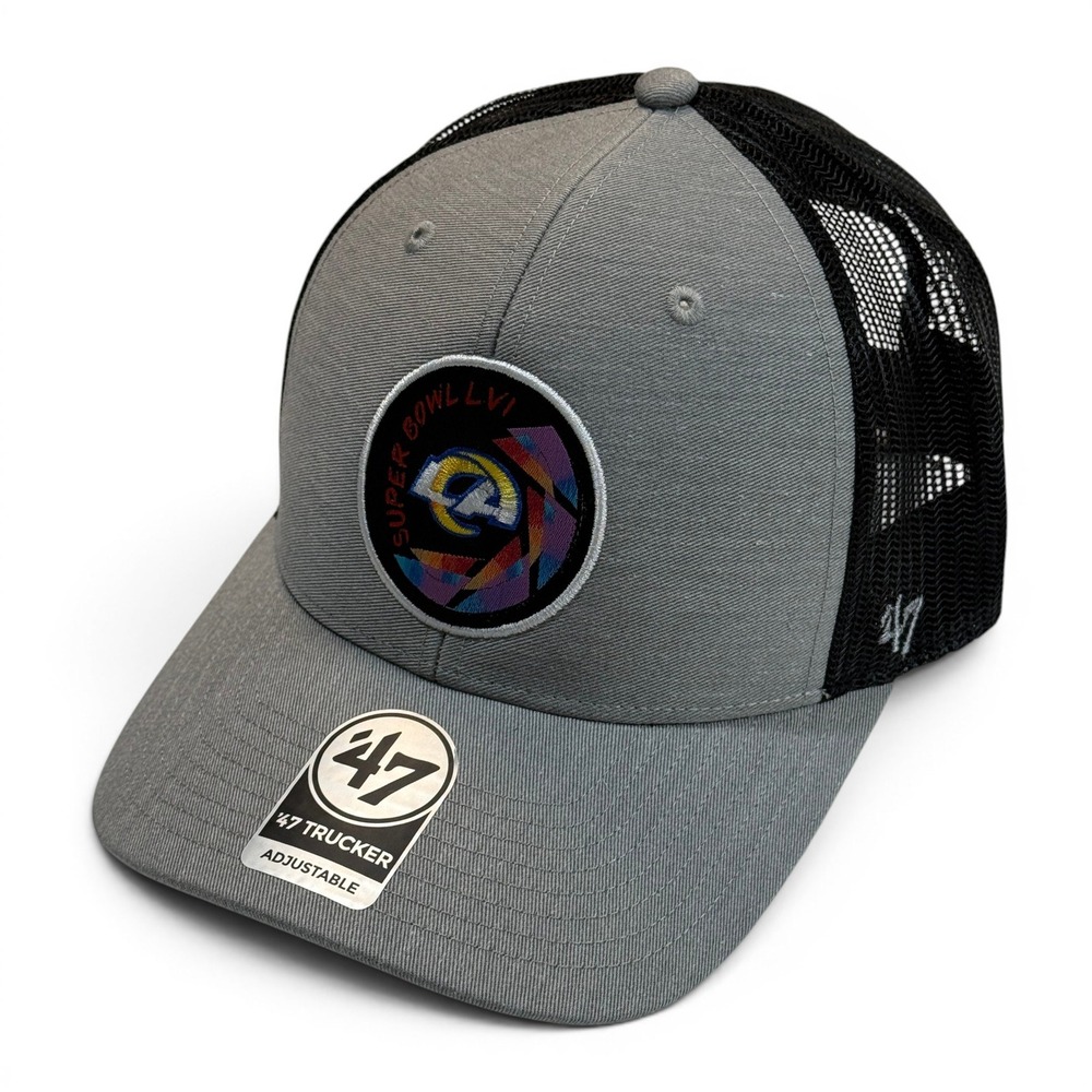 47‎ Brand Los Angeles Rams Super Bowl LVI Trucker Hat Gray Black NWT Adjustable